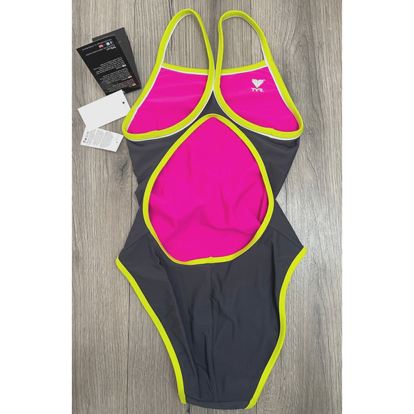 TYR HydraSpan Double Binding Reversible DiamondFit 1pc Swimsuit Grey Pink Sz 30 - Picture 4 of 11